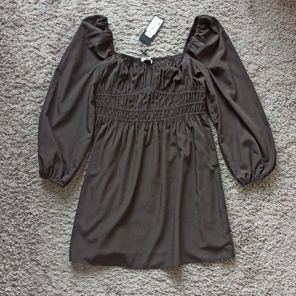 NWT Gianni Bini Brown Boho Long Sleeve Peasant Mini Dress - Picture 1 of 8